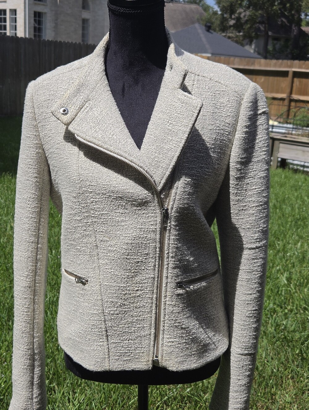 Theory Macha Madison Tweed Moto Jacket Cream Black Size L